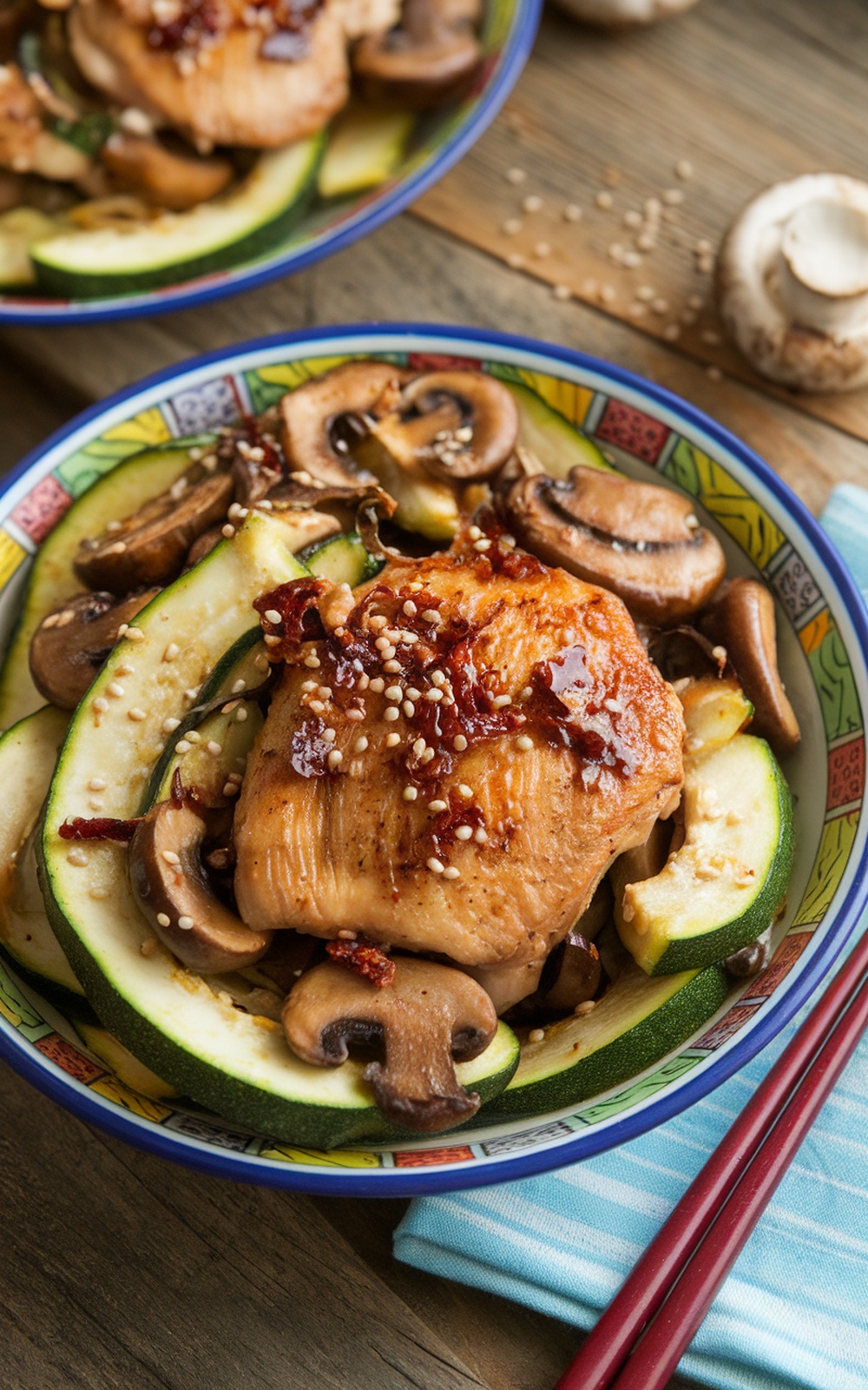 Zucchini Mushroom Chicken Stir Fry with Ginger-Sesame Glaze Zucchini mushroom chicken stir fry with ginger-sesame glaze, garnished with sesame seeds and chili crisp.